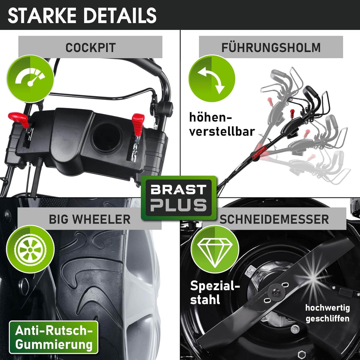 BRAST® Benzin Rasenmäher Trike mit Antrieb | 5,2kW(7PS) | 53cm Schnittbreite | viele Modelle | TÜV | 4 Takt OHV Motor | 30-80mm Schnitthöhe | 60L Fangkorb | Stahlgehäuse | Speed