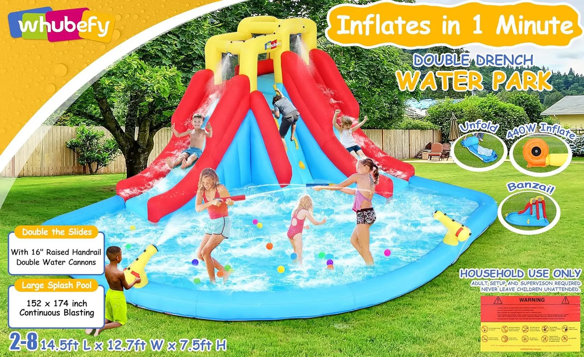 Aufblasbare Wasserrutschen für Kinder, 8-in-1-Hüpfburg-Wasserpark mit 450-W-Gebläse, Kletterwand, Planschbecken, 2 Wasserkanonen, Basketballkorb, Wasserrutsche, Krokodilsprinkler als Geschenk für eine Gartenparty