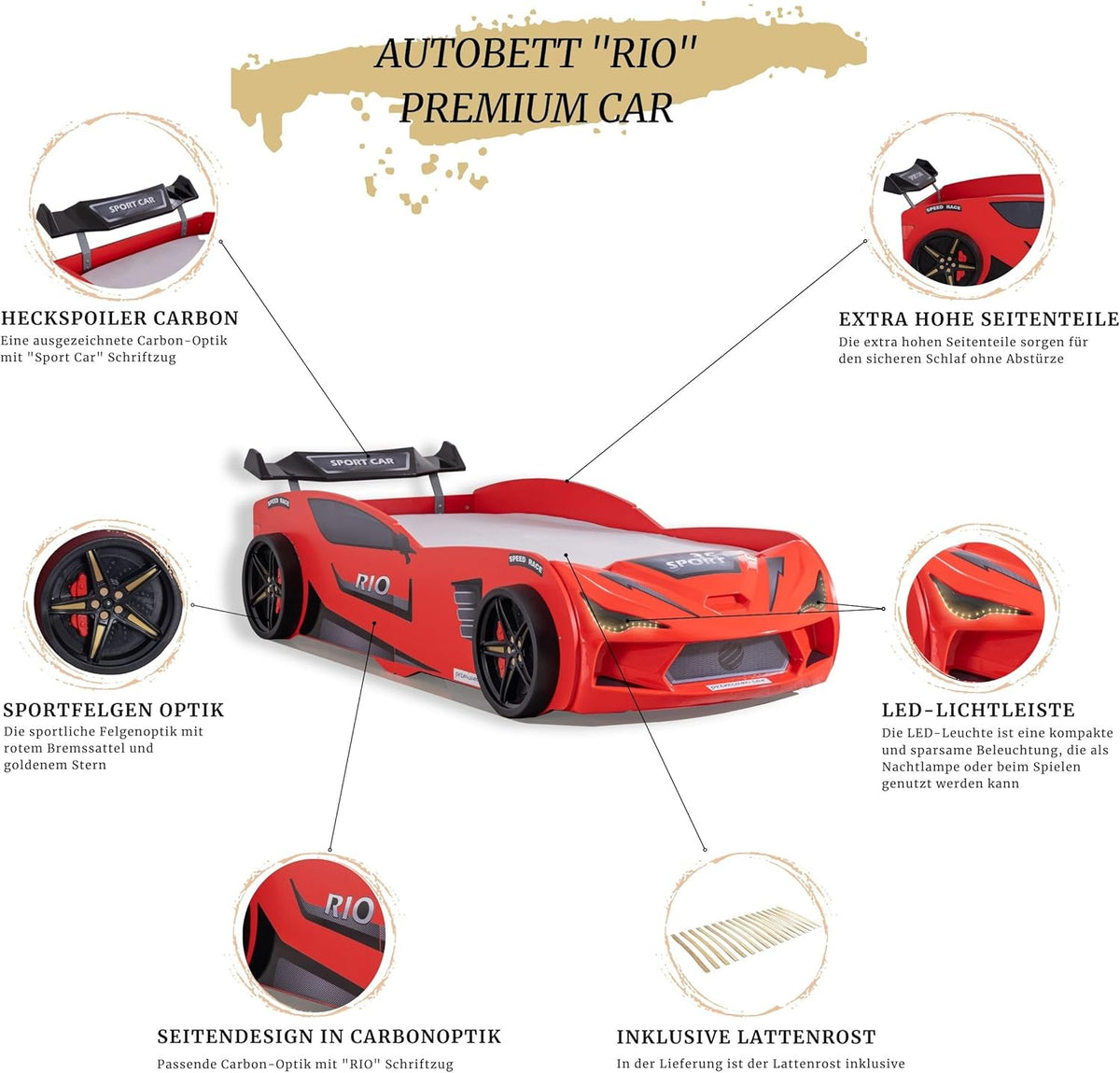 Autobett Kinder Kinderbett Rio 90x200 Rennwagenbett inkl. Lattenrost LED-Leuchte Spoiler (inkl. Creativ Fresh H2 Matratze, Rot inkl. Sportsitze)