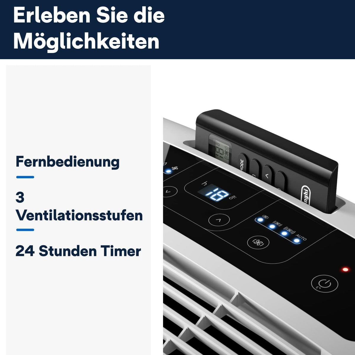 De'Longhi Pinguino PAC EM82, Mobile Klimaanlage für Rume bis zu 80 m, 9.400 BTU, 2,4 kW, 63 dB, Entfeuchtungsfunktion, Energieklasse A, 24h-Timer, Wei