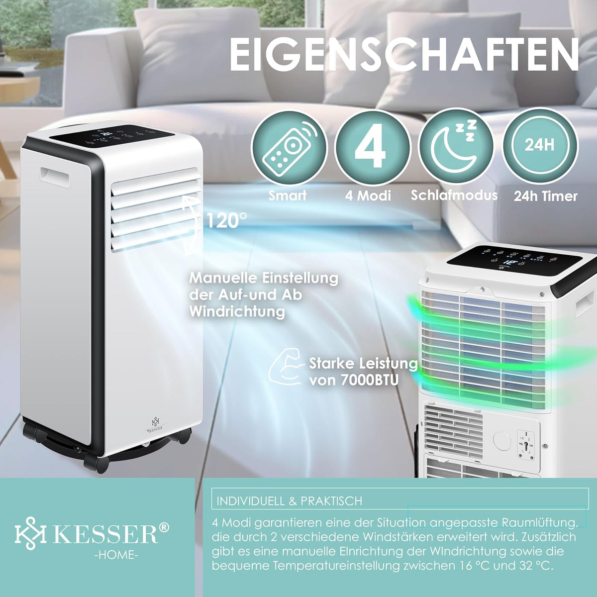 KESSER® Klimaanlage Mobiles Klimagerät 4in1 kühlen | Luftentfeuchter lüften | Ventilator 9000 BTU/h 1005W | Mobil Klima mit Montagematerial, Fernbedienung & Timer | Nachtmodus & 360° Rollen