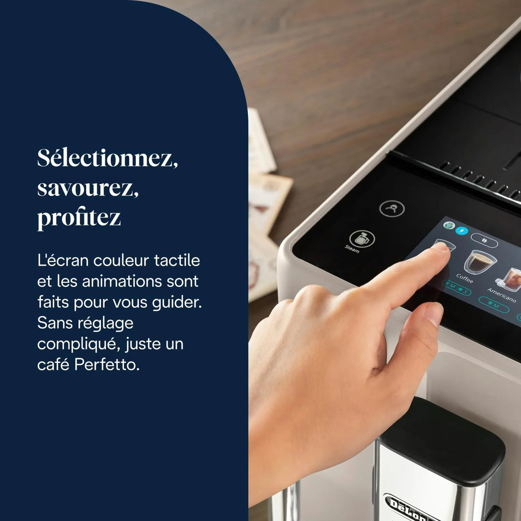 De’Longhi Rivelia - Perfetto Machine à Café Automatique, Mousseur à Lait Classique, 8 Boissons Enregistrées, Écran Tactile Couleur, Réservoir à Grains de Café Interchangeables, Noir (EXAM440.35.BG)