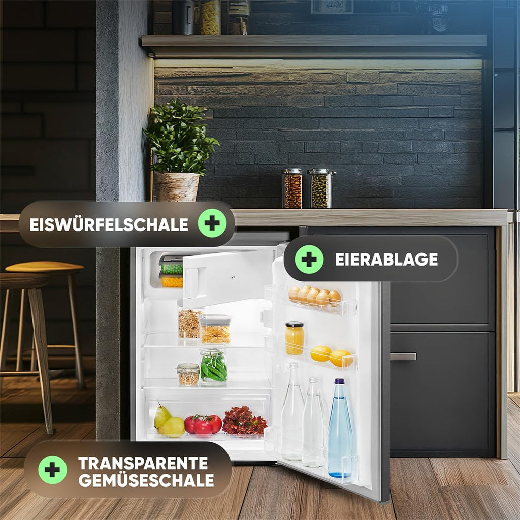 Bomann Kühlschrank mit Gefrierfach klein | Kühlschrank 2 Ablagen | leise | mit 4-Sterne Gefrierfach | Kühlschrank klein mit Obst- und Gemüsefach | Türanschlag wechselbar | KS 7251 inox