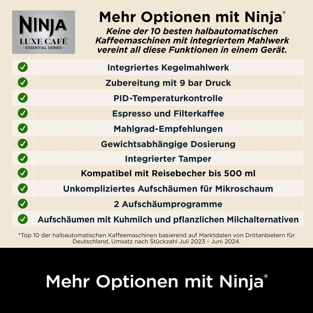 Ninja Luxe Essential 2-in-1-Kaffeemaschine mit Mahlwerk und Aufschäumer für Latte, Cappuccino & Espresso, einfache Handhabung, 2 Voreinstellungen zum Aufschäumen, Silber, ES501EU