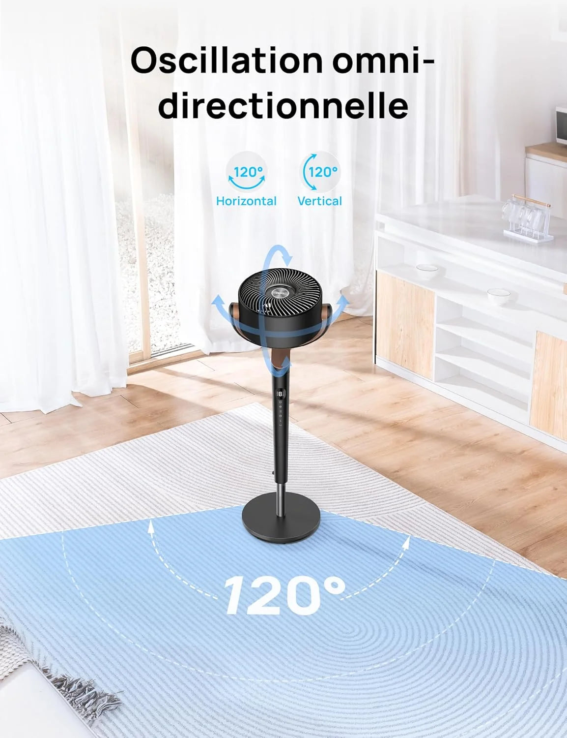 DREO ventilateur sur pied silencieux 20 dB avec oscillation omnidirectionnelle 120°+120°, portée du vent 26 m, débit d’air 1615 m³/h, circulateur Turbo, hauteur réglable 94–107 cm, 3 modes, 8 vitesses