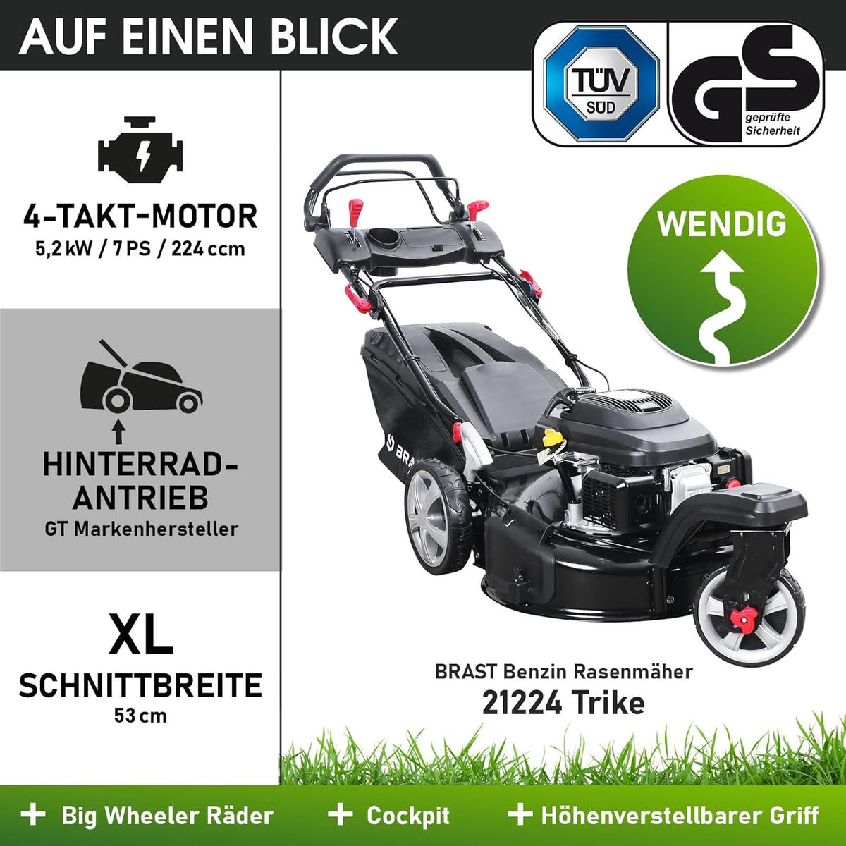 BRAST® Benzin Rasenmäher Trike mit Antrieb | 5,2kW(7PS) | 53cm Schnittbreite | viele Modelle | TÜV | 4 Takt OHV Motor | 30-80mm Schnitthöhe | 60L Fangkorb | Stahlgehäuse | Speed