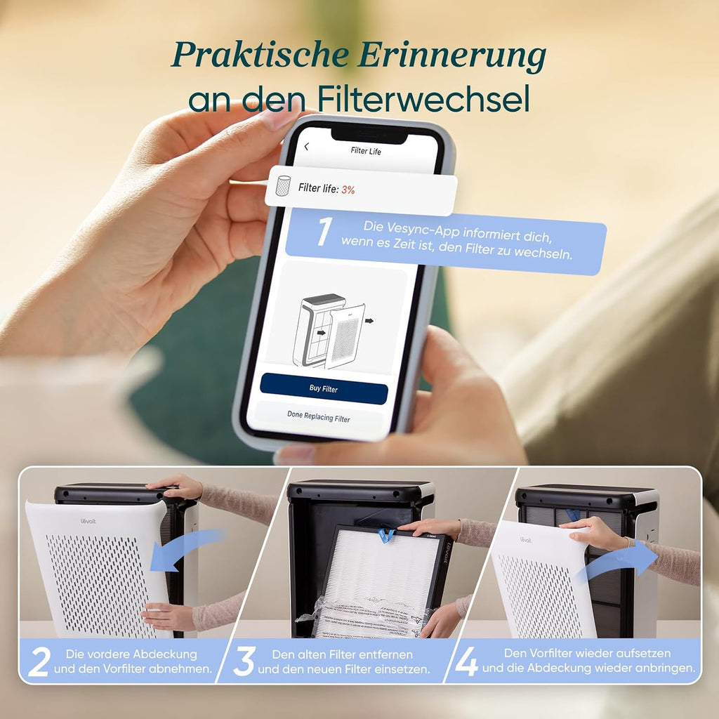 Levoit Vital 100S HEPA Luftreiniger für Allergiker, CADR 243 m³/h, HEPA- und Aktivkohlefilter, leise, PM2.5 Sensor, App und Alexa, gegen Staub, Pollen, Rauch und Gerüche, bis zu 52㎡, Mondweiß