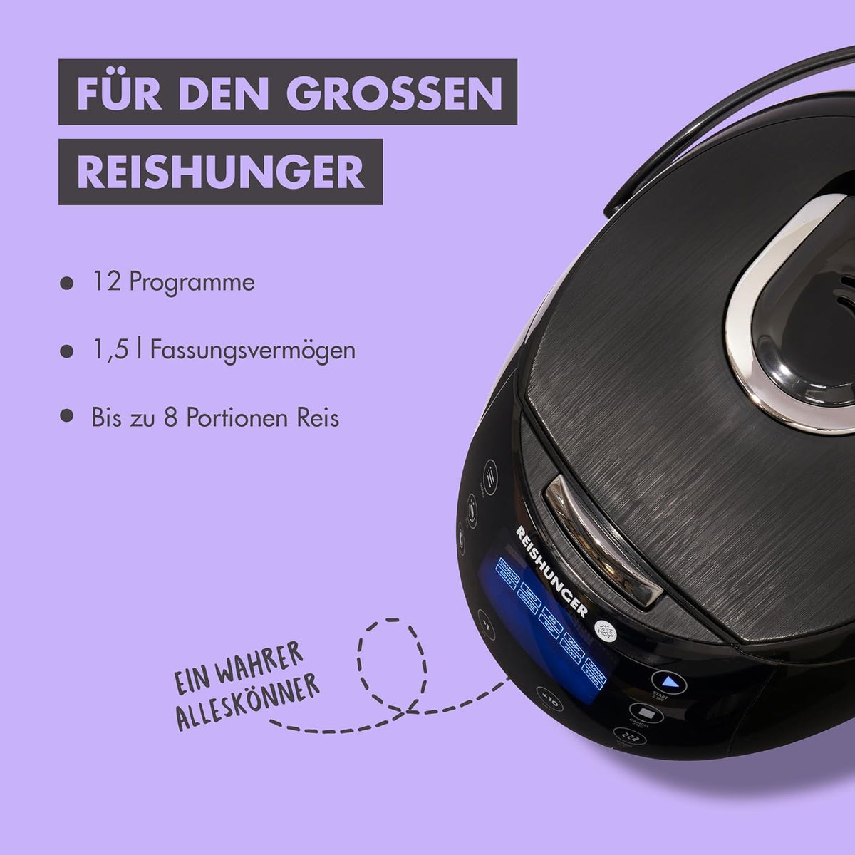 REISHUNGER Digitaler Reiskocher & Dampfgarer Schwarz | 1,5 L bis 8 Personen | Warmhaltefunktion, Timer & Premium Innentopf | Multikocher, 12 Programme, 7-Phasen-Technologie