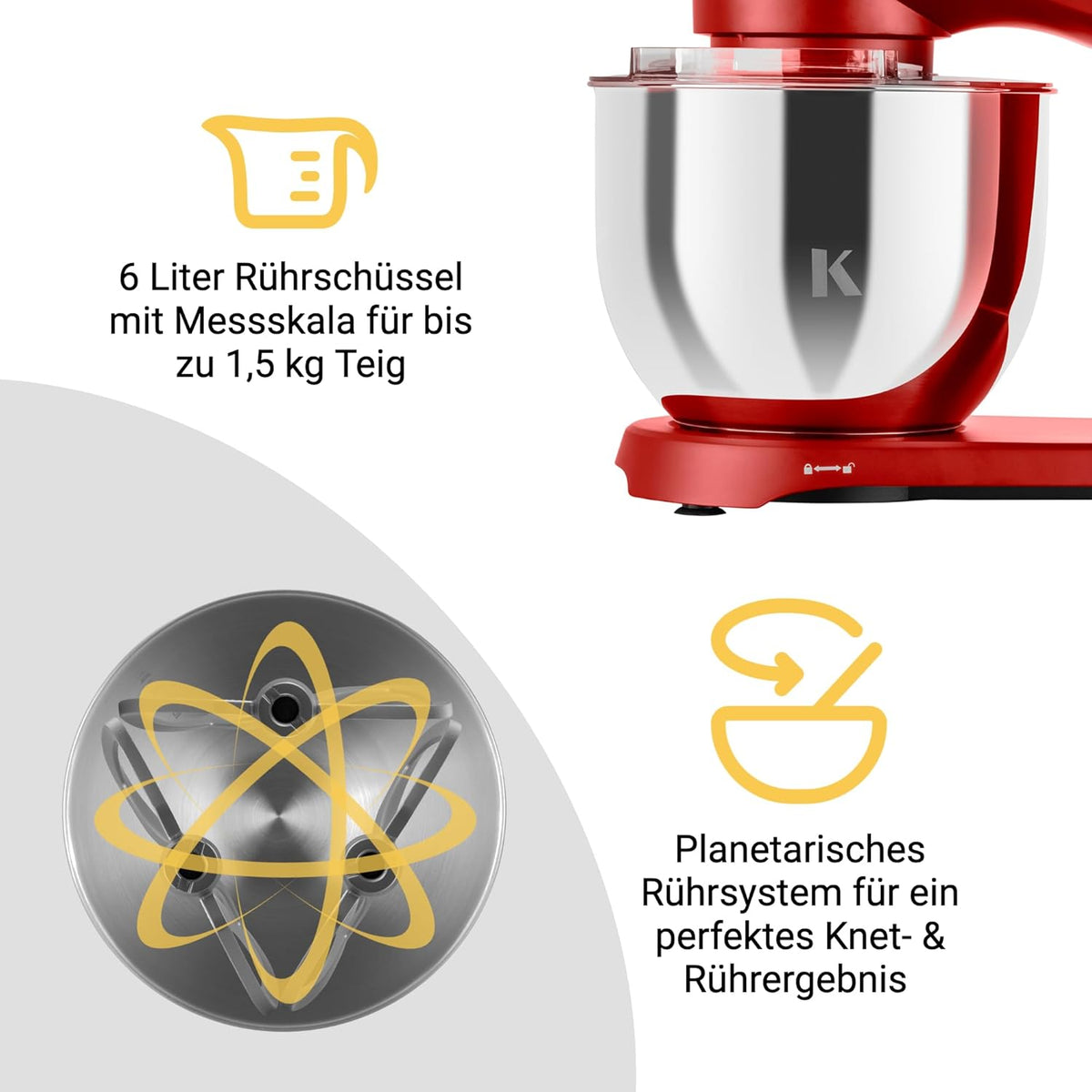 KLAMER Küchenmaschine 1800W, Knetmaschine Brotteig mit Edelstahl-Rührschüssel 6 L, 10 Stufen mit Timer, Planetenrührwerk, Rührbesen, Knethaken, Schneebesen & Sichtdeckel (schwarz)