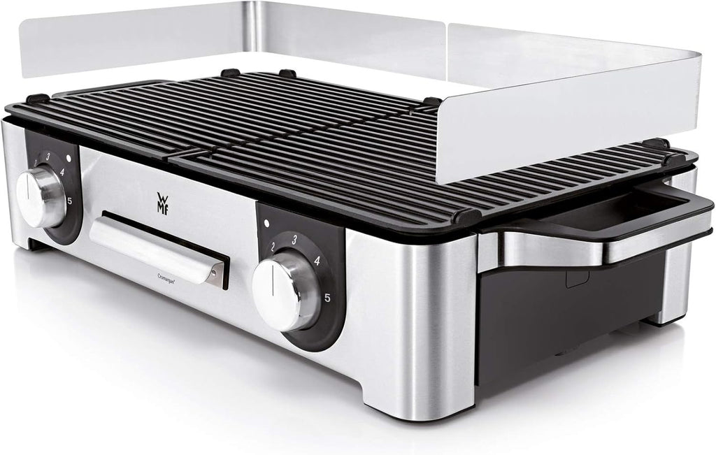 WMF Lono Master-Grill, Elektrogrill, 50x28 cm, Elektrogrill Tischgrill mit Windschutz und Auffangschale, Outdoorzertifiziert für Barbecue, 2 getrennt regulierbare Grillflächen, 2400 W, edelstahl matt