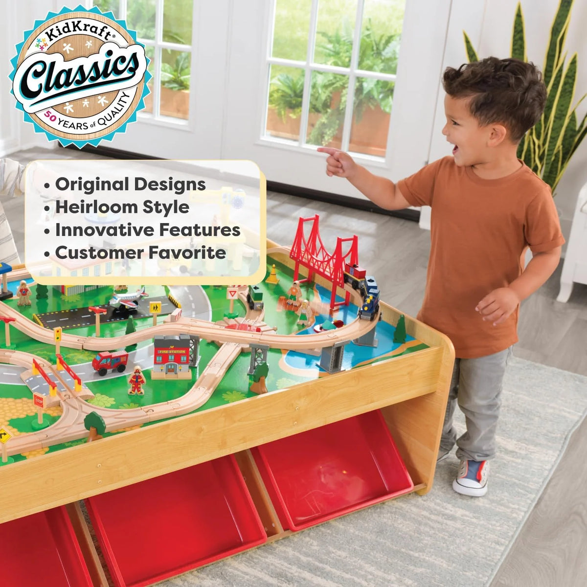KidKraft Waterfall Mountain Wooden Train and Table Set with Storage Boxes, Railway Circuit with Cars, Helicopter and Plane Toy Children 3+ Years (17850)