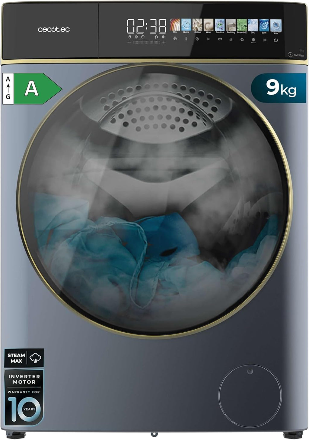 Cecotec Waschmaschine 9 kg Frontlader Bolero DressCode 9900 Inverter FullColor Ice Blue A. Blau-Finish, 1400 U/min, 10,3"-Display, 11 Programme, Inverter, SteamMax, Klasse A