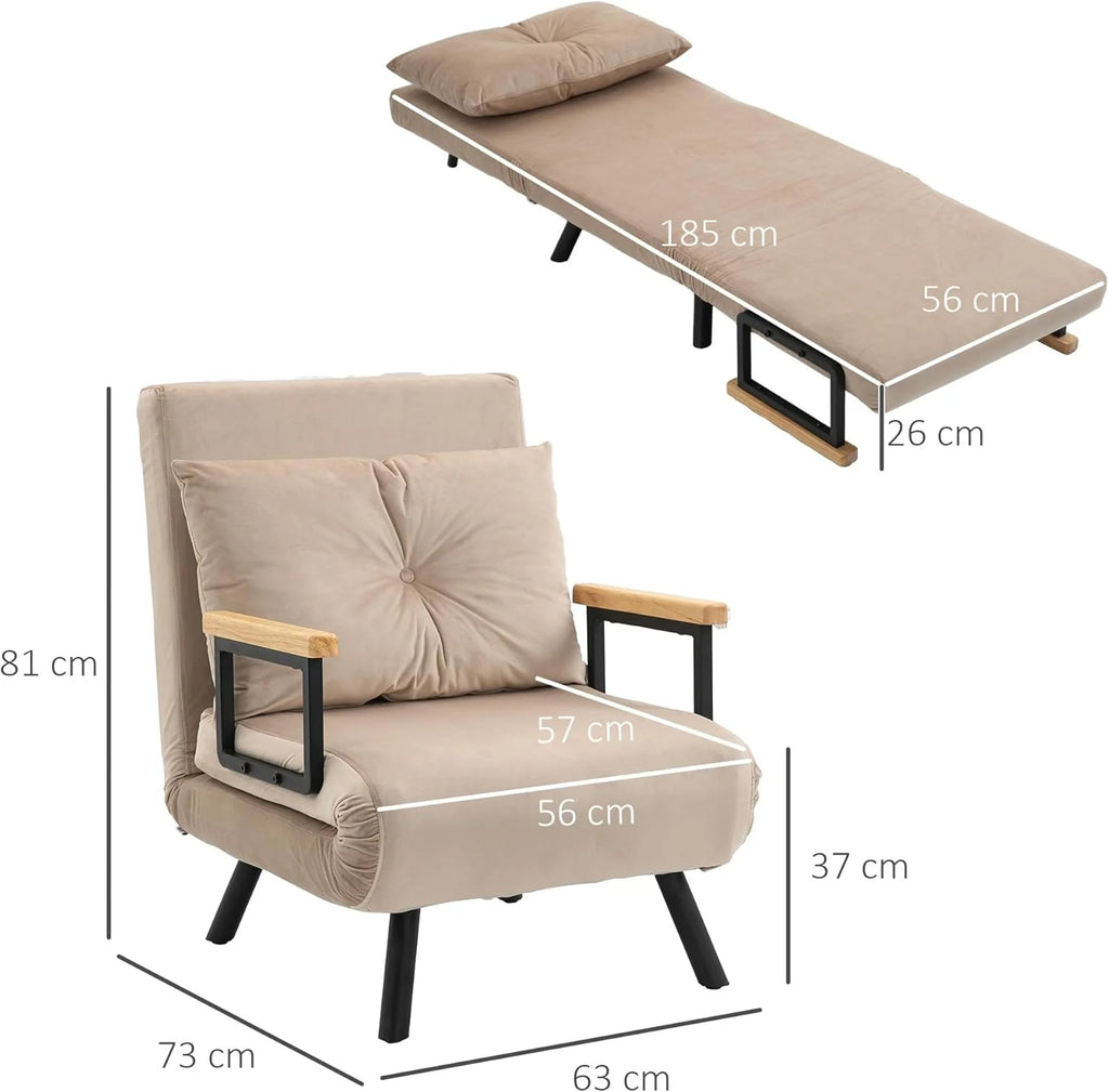 HOMCOM Sofa Bed 2 Seater Folding Sofa Bed Upholstered in Velvet with 5 Levels Adjustable Backrest and Padded Pillows for Office Bedroom Living Room 102 x 73 x 81 cm Beige