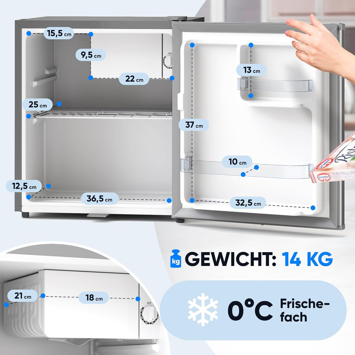 Stillstern Mini Kühlschrank E 45L mit Abtauautomatik, Schloss, Frostfach, Leise, Ideal für Küche, Büro, Schlafzimmer, Hotels und kleine Wohnungen Kühlschrank klein Minibar Getränkekühlschrank