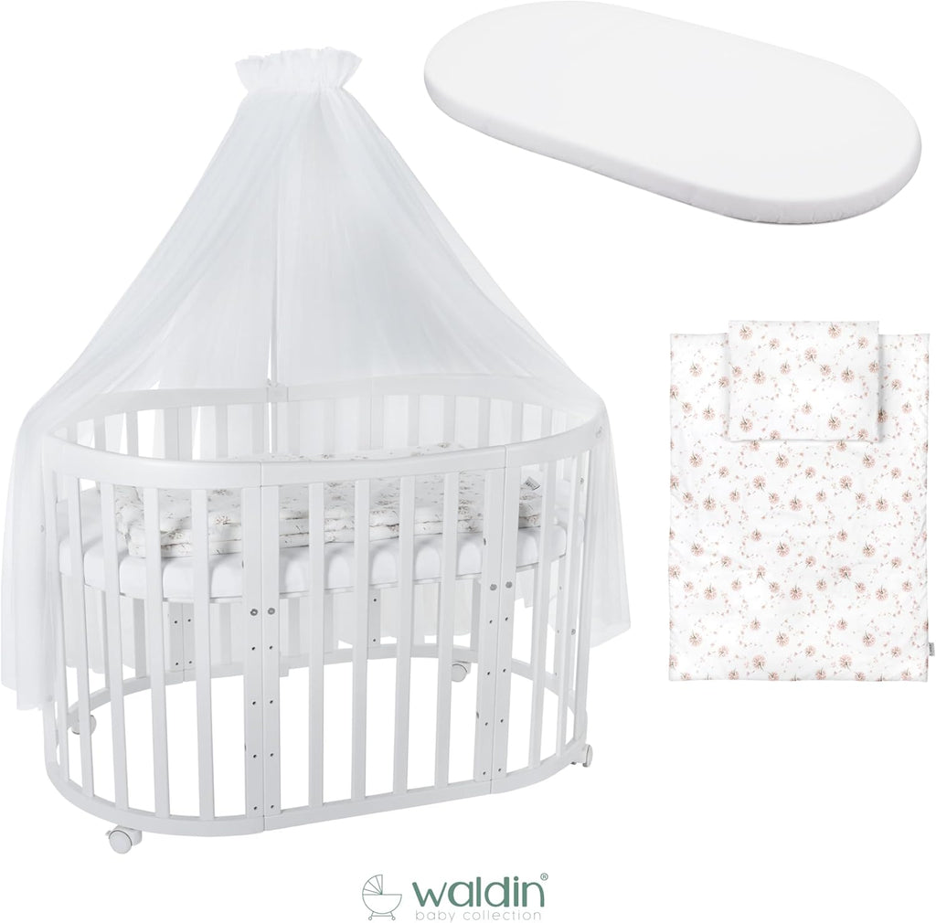 Waldin Oval Baby-Bett Mitwachsend Komplett Set 7in1, Gitterbett, Kinderbett mit Matratze, Wickelkommode, Beistellbett, Holz Weiß