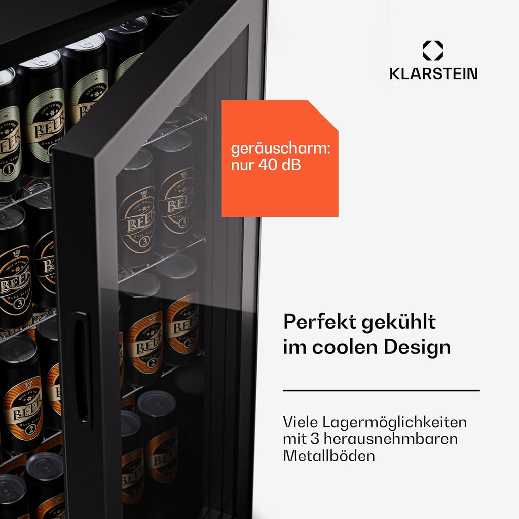 Klarstein Mini Kühlschrank mit Glastür für Zimmer, Getrnkekühlschrank mit Verstellbaren Ablagen, Kleiner 80 Liter, Indoor/Outdoor Kühlschrank Leise