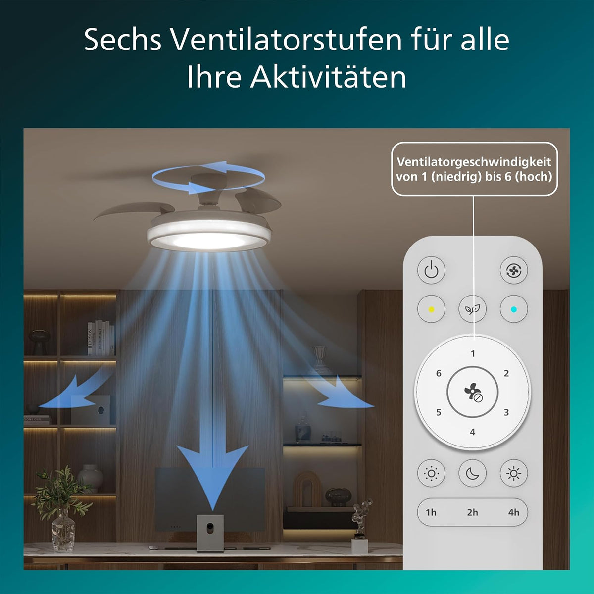 Philips Bliss Deckenventilator mit LED-Licht und Einziehbaren Flügeln, 3 Flügel, 106 cm Flügelspannweite, 4.500 Lumen, Einstellb. Licht (3.000 K bis 6.500 K), Dimmbar bis 5%, Inkl. Fernbedienung, Weiß