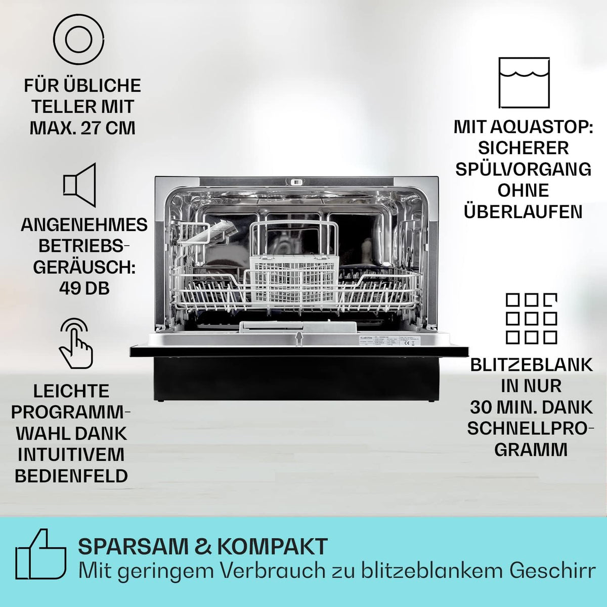 Klarstein  ia 8 - Spülmaschine, Geschirrspüler, Freistehend, Teilintegriert, F, 55 cm breit, 8 Maßgedecke, 6 Programme, Aquastop, silber