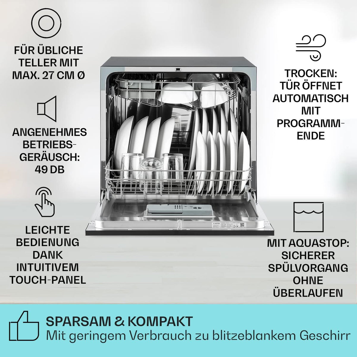 Klarstein  ia 8 - Spülmaschine, Geschirrspüler, Freistehend, Teilintegriert, F, 55 cm breit, 8 Maßgedecke, 6 Programme, Aquastop, silber