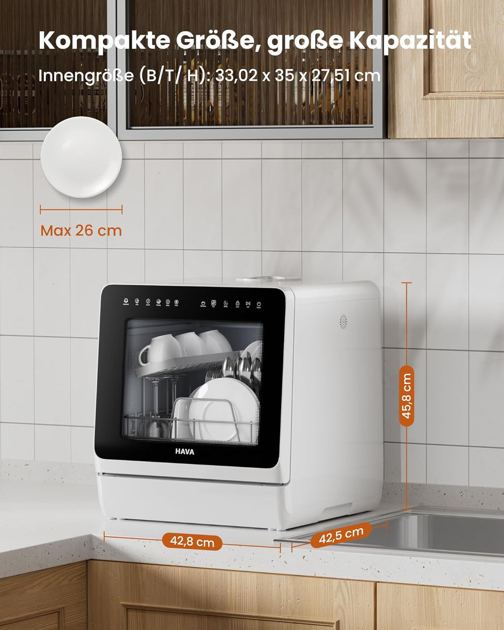 HAVA 2025 NEUE Tischgeschirrspüler mit Wasserenthärter und erhöhter Energieeffizienz, Spülmaschine mit 8 Programmen, Kindersicherung & verzögerter Start, keine Installation erforderlich