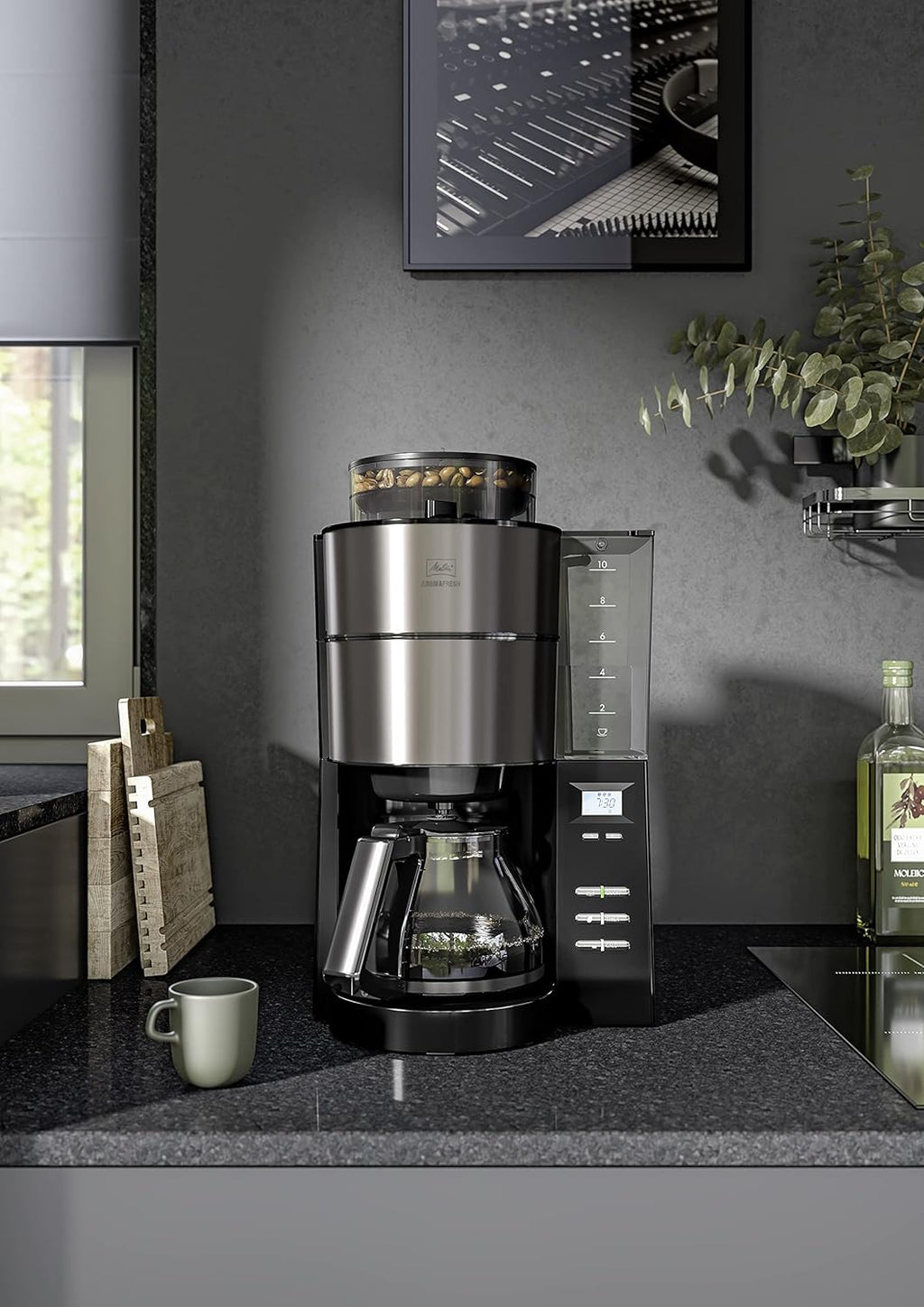 Melitta AromaFresh - Filterkaffeemaschine - mit Glaskanne - integriertes Mahlwerk - Timer Funktion - 10 Tassen - Pure Black