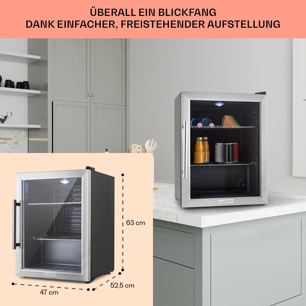 Klarstein Mini Kühlschrank mit Glastür für Zimmer, Getrnkekühlschrank mit Verstellbaren Ablagen, Kleiner 80 Liter, Indoor/Outdoor Kühlschrank Leise