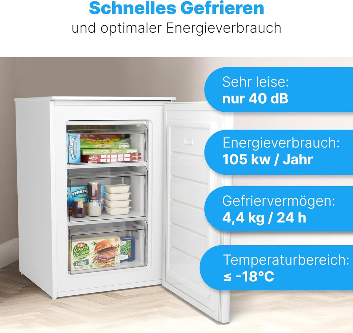 Bomann® Gefrierschrank 87L | Gefrierschrank klein mit Temperaturbereich ≤ -18°C | 3 Schubladen | Tiefkühlschrank mit wechselbarem Türanschlag | Freezer Tiefkühlschrank klein GS 7253 weiß
