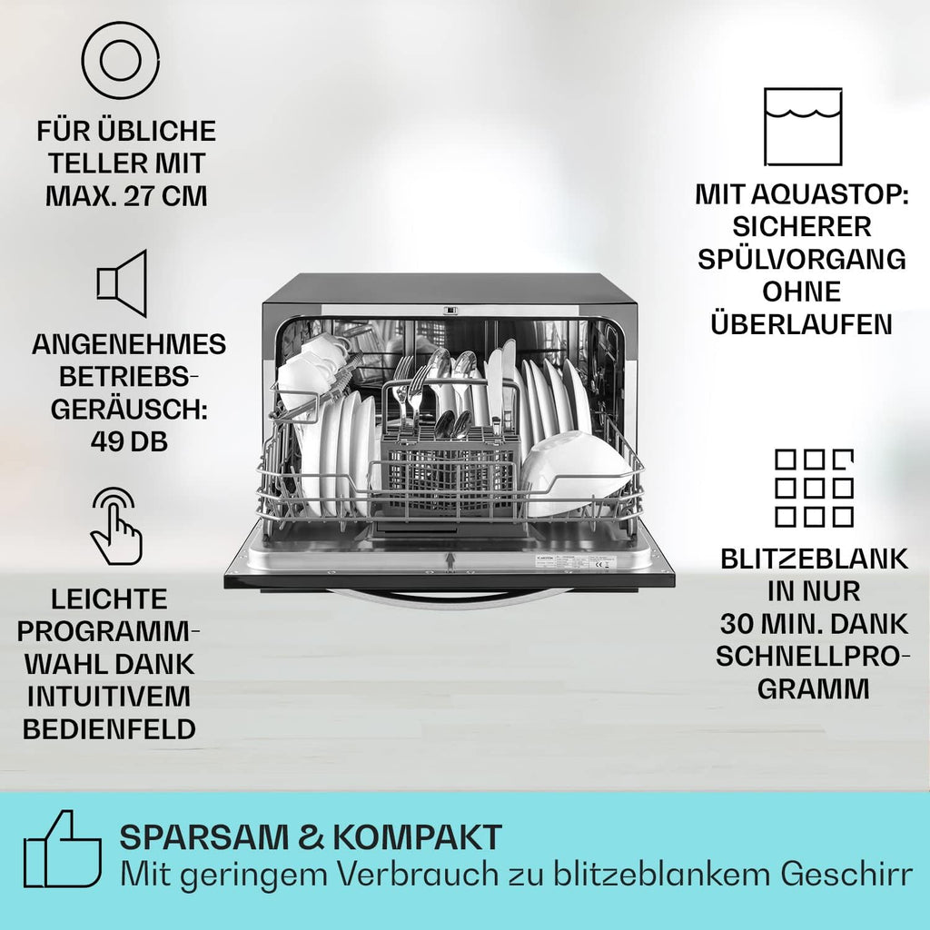 Klarstein  ia 8 - Spülmaschine, Geschirrspüler, Freistehend, Teilintegriert, F, 55 cm breit, 8 Maßgedecke, 6 Programme, Aquastop, silber