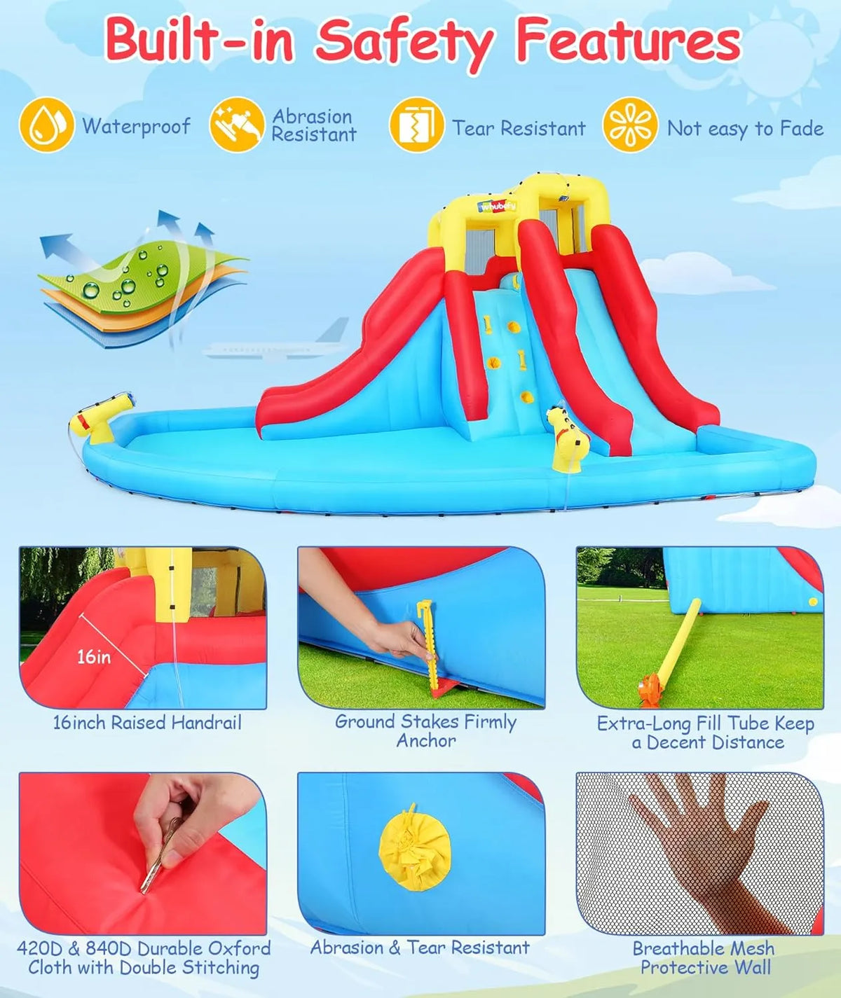 Aufblasbare Wasserrutschen für Kinder, 8-in-1-Hüpfburg-Wasserpark mit 450-W-Gebläse, Kletterwand, Planschbecken, 2 Wasserkanonen, Basketballkorb, Wasserrutsche, Krokodilsprinkler als Geschenk für eine Gartenparty