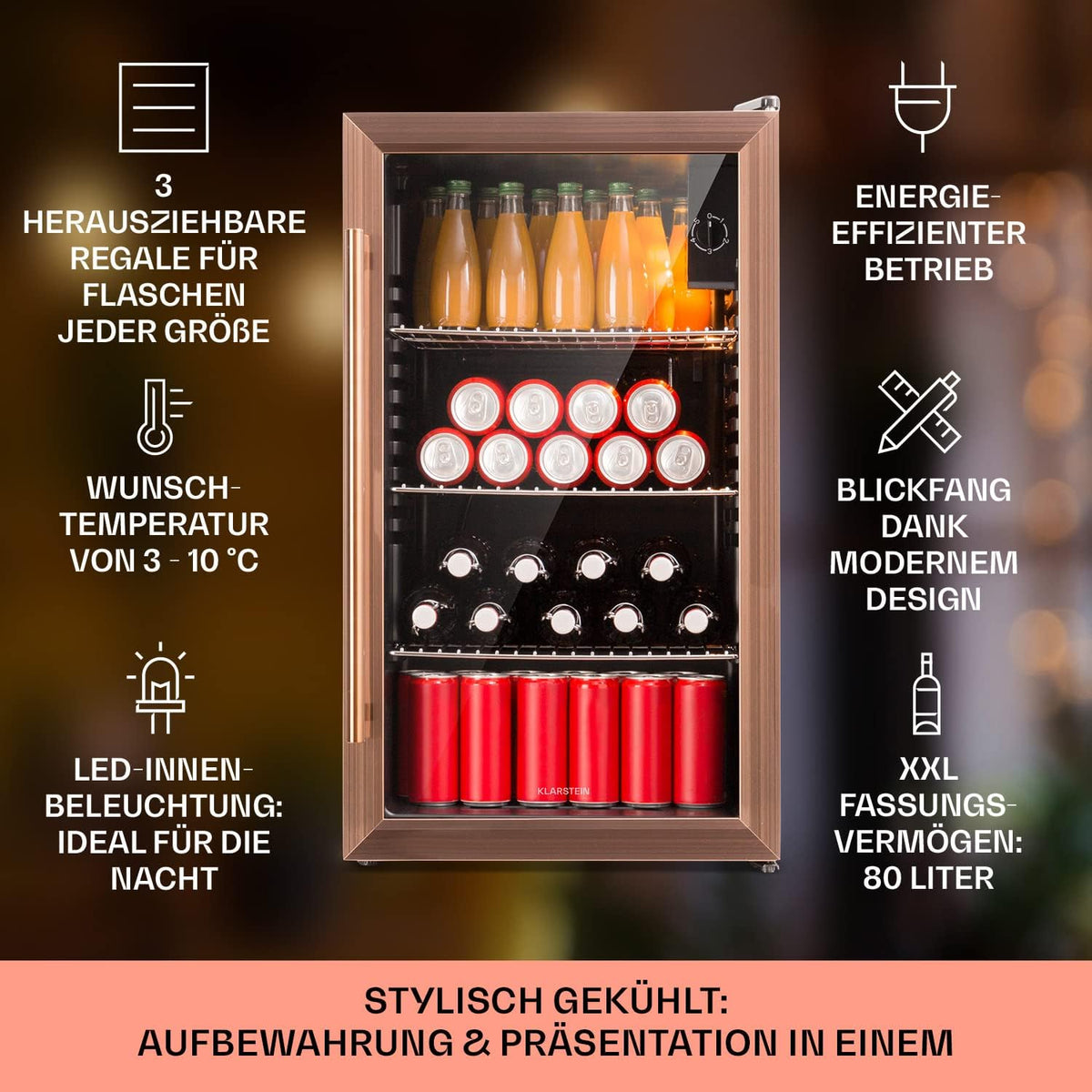 Klarstein Mini Kühlschrank mit Glastür für Zimmer, Getrnkekühlschrank mit Verstellbaren Ablagen, Kleiner 80 Liter, Indoor/Outdoor Kühlschrank Leise