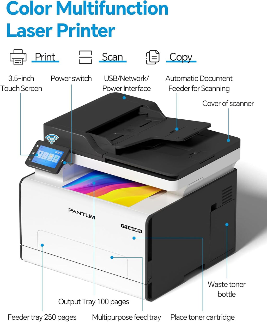 PANTUM CM2100ADW Laserdrucker, Farb-Multifunktionsdrucker zum Drucken, Kopieren und Scannen mit ADF, Automatischer Duplexdruck, WLAN NET USB, 20ppm, für Heim und Büro