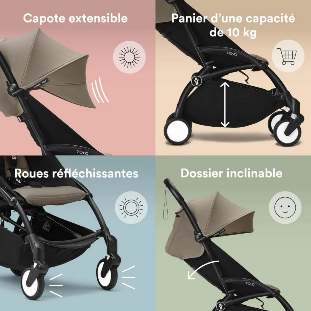 Poussette Stokke YOYO3 avec pack nouveau-né et pack couleur 6+ - Comprend un cadre noir, un pack couleur YOYO 6+ (gingembre) et un pack nouveau-né 0+ (gingembre)