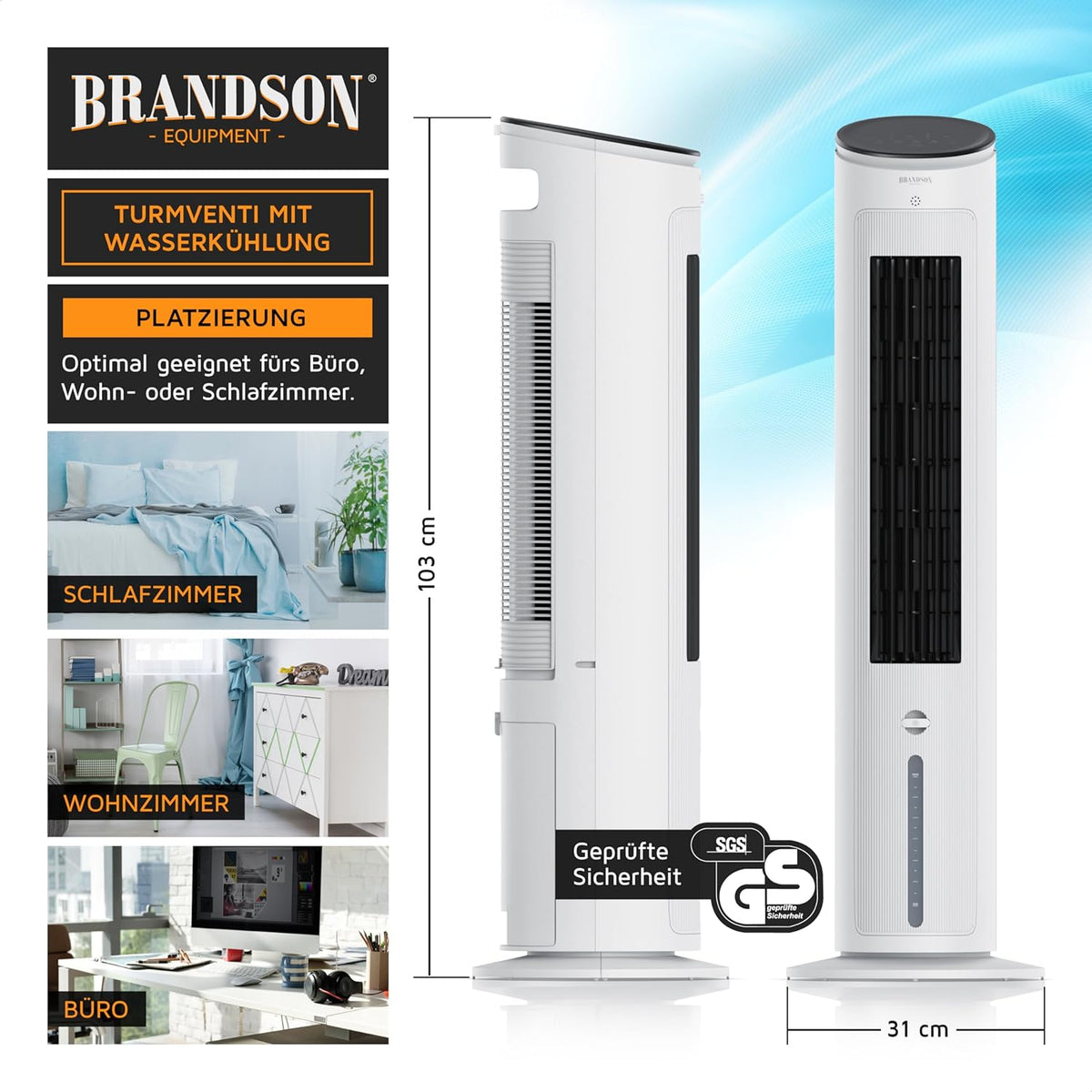 Brandson - Turmventilator mit Wasserkühlung - Preisträger 2025 - Verdunstungskühler - Luftkühler - Ventilator - mobile Klimaanlage ohne Abluftschlauch - 5 in 1 - leise - 4,6 L Wassertank - weiß