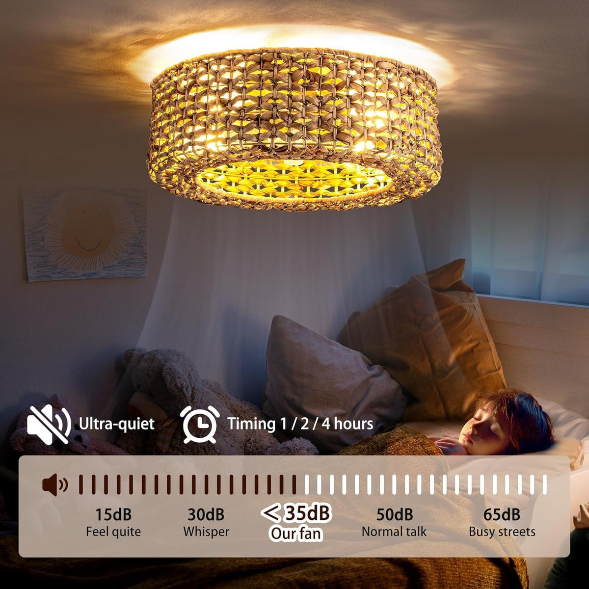 Boho Rattan Deckenventilator Mit Beleuchtung und Fernbedienung E27 Retro Ventilator Deckenleuchte Leise Schlafzimmer Lüfter Licht 6 Wind Speeds Timer Fan Deckenlampe für Wohnzimmer Esszimmer Farmhouse