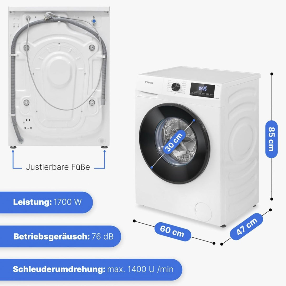 Bomann Waschmaschine 7kg | max. 1400 U/min | 10 Jahre Motor-Garantie | effizienter, leiser & langlebiger Invertermotor | 15 Programme | Endzeitvorwahl | LED-Display | Washing Machine | WA 7175 wei