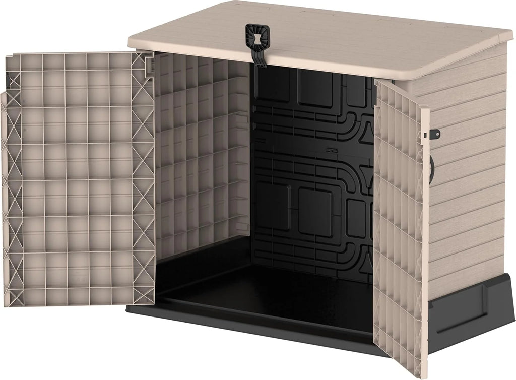 Duramax StoreAway 1200L Plastic Garden Shed/ Flat Lid, Outdoor Storage Shed, Wheelie Bin Hideaways, Wheelie bin box, Durable Construction, Ideal for Bikes, BBQs & 2x 240L Bins, 145x85x125 cm, Brown