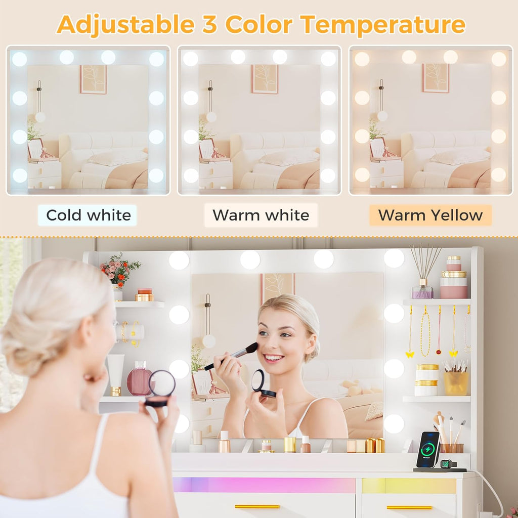 ANWBROAD Schminktisch mit Spiegel und Verstellbaren LED-Beleuchtung 3 Farben Transparente Glasplatte Große Schminktisch mit Steckdose 9 RGB-Schubladen 4 Ablagen weiß BDT95W