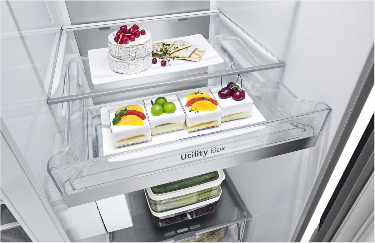 LG GSGV81PYLL Side by Side Kühlschrank, Klasse E, 635 L, Instaview, Kühlschrank mit Gefrierfach, Eis-, Crushed Ice- Wasserspender, Total NoFrost, Smart Inverter Kompressor, Wi-Fi