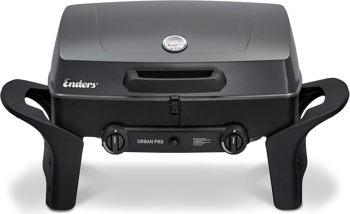 EndersGasgrill Urban II Pro, Tischgrill, Grillen-, Kochen- und Backen Funktion, 2 Brenner Edelstahl, mit Grill-Thermometer, Balkon-, Camping-Grill, Aluguss-Gehäuse, Gusseisen-Rost, #2062
