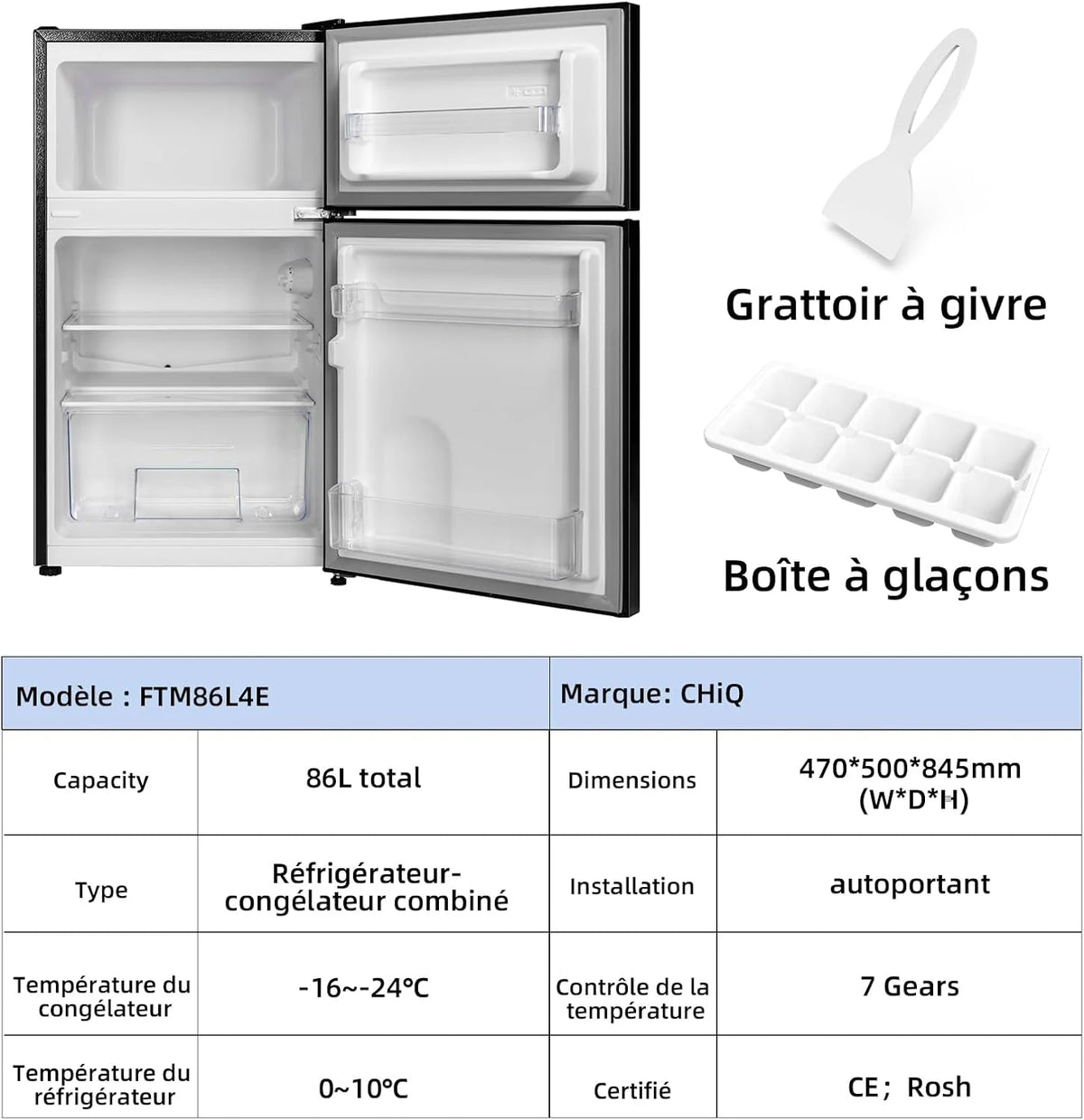 CHIQ Réfrigérateur congélateur en haut Réfrigérateur congélateur - 86 L (61/25L) - Portes réversibles, Congélateur 4 étoiles, Machine à glaçons, Garantie compresseur 12 ans, Classe E