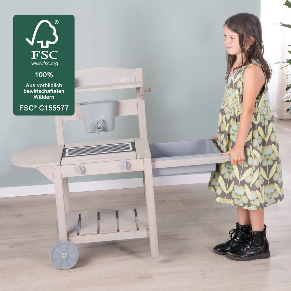 Cocina móvil de juego y barro con BBQ para niños - Madera certificada FSC - Acabado en gris grabado