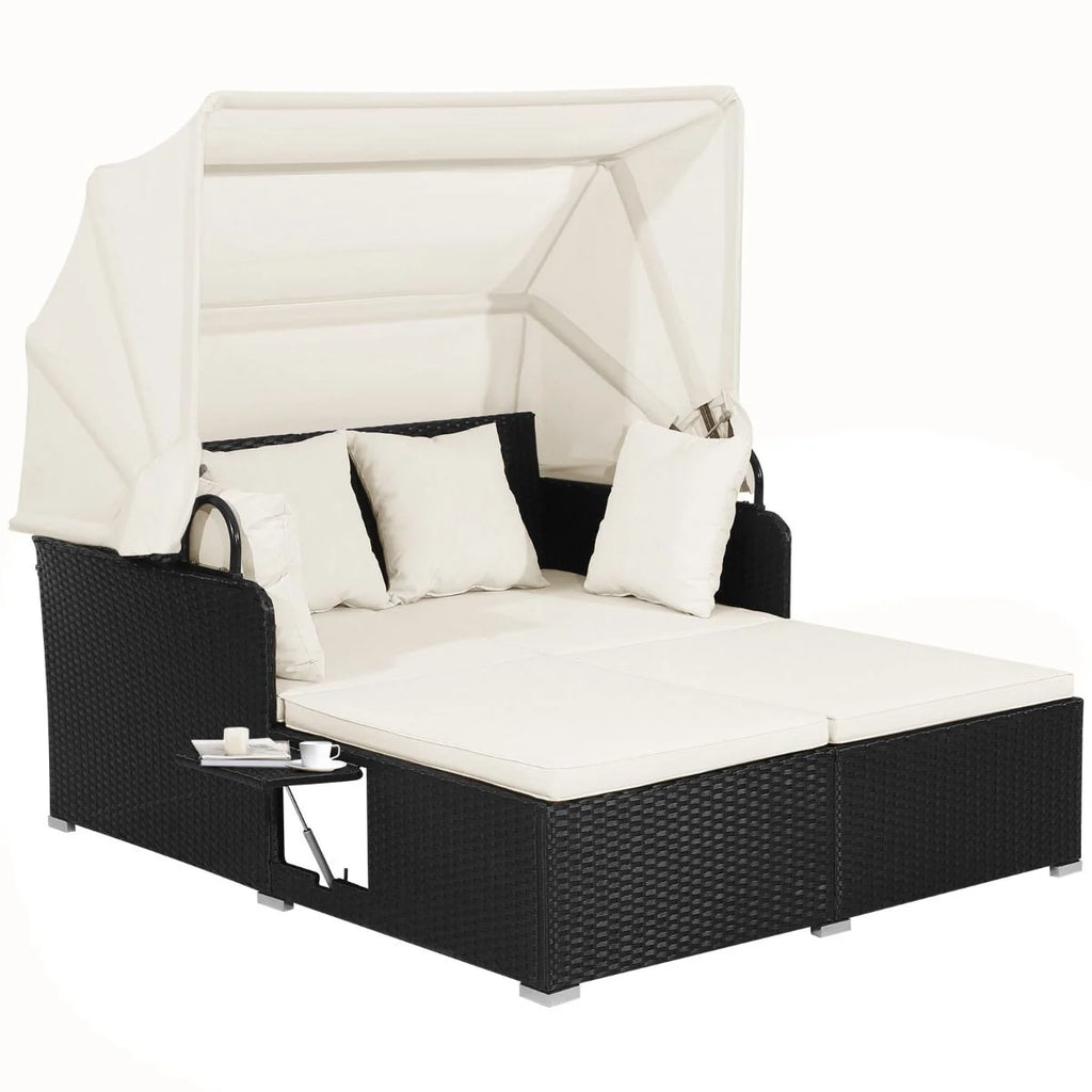 Cama Doble Día Ratán Patio Tumbona Con Cojines Laterales Plegables Jardín Patio Porche Blanco