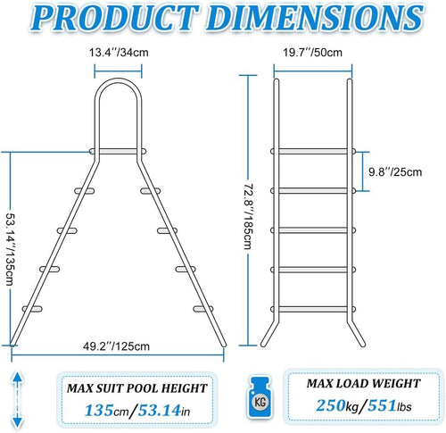 4 Stufige Poolleiter Edelstahl, Pooltreppe für Aufstellpool, Poolleiter 132 cm Poolhöhe, Pool Treppe, Poolstufen für Aufstellpools, Schwimmbadleiter Poolleitern 250 kg Tragkraft