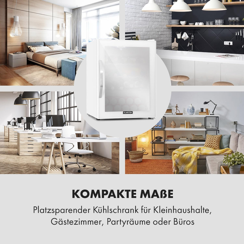 Klarstein Mini Kühlschrank mit Glastür für Zimmer, Getrnkekühlschrank mit Verstellbaren Ablagen, Kleiner 80 Liter, Indoor/Outdoor Kühlschrank Leise