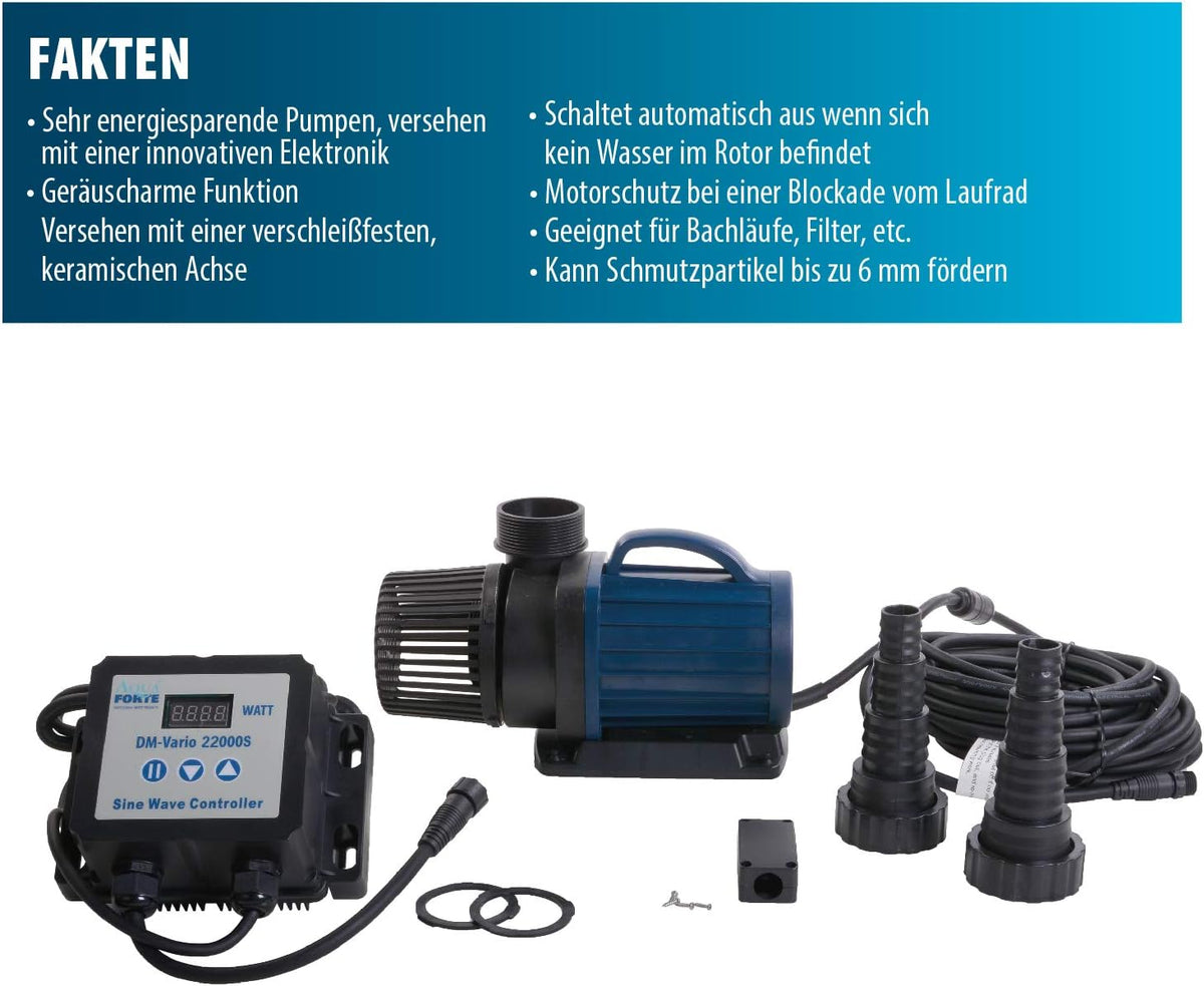 AquaForte Filter-/Teichpumpe DM-22.000 Vario S, 70-200W, Förderhöhe 7,5m, regelbar mit externem Controller. Ideal als Teichpumpe oder als Bachlauf- /Wasserfallpumpe.
