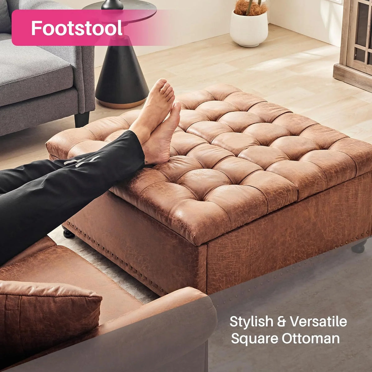 Redlife Puff Almacenaje, Mesa de Café con Ottoman de Almacenamiento, 89.9 cm Gran reposapies Salon, Ottoman Tapizado con Almacenamiento para Sala de Estar (marrón)