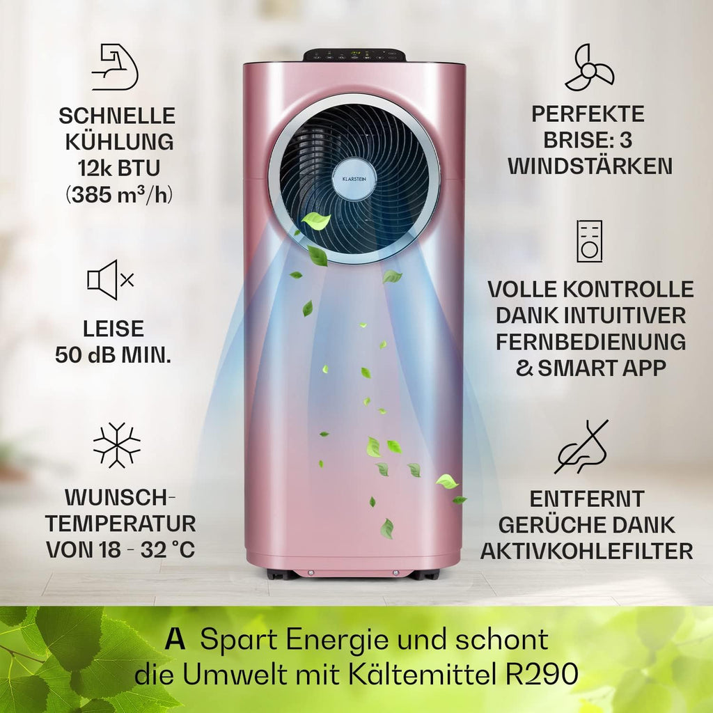 Klarstein Mobile Klimaanlage mit Abluftschlauch, 5-in-1 Klimagerät, Ventilator, Luftentfeuchter, Luftreiniger & Nachtmodus, App-Steuerung, Kleine & Portable für Wohnung & Büro, 12000 BTU