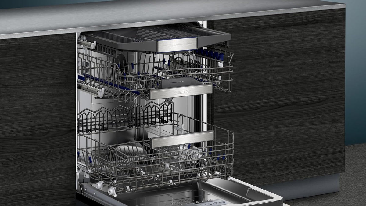 Siemens SN43ES14VE, iQ300 Smarter Geschirrspüler, Unterbau-Spülmaschine mit Besteckschublade, 60 cm, automatische Türöffnung dank autoOpen dry, besonders leise mit iQdrive-Motor, aquaStop, Edelstahl