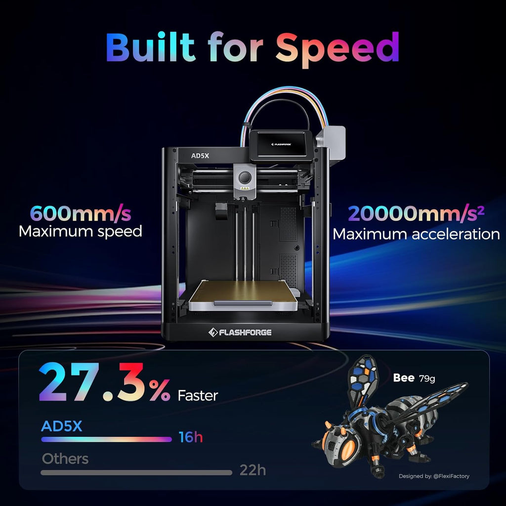 Flashforge Adventurer 5X 3D-Drucker mit Mehrfarbendruck, Anpassbar mit IFS,AD5X 3D-Drucker für mehrere Materialien,Vollautomatische Nivellierung,Maximale Geschwindigkeit: 600mm/s,Unterstützt PETG CF