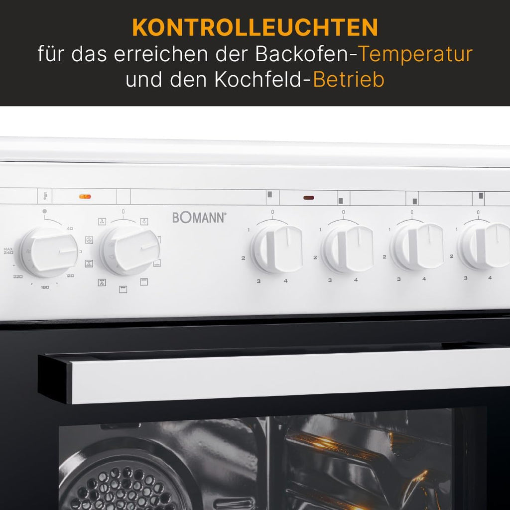 Bomann® Backofen 50cm mit Herd | Elektroherd freistehend 50 cm mit 4 Kochplatten | Standherd mit Ofen 43L | Ober-/Unterhitze | 40°C-240°C | inkl. Blech & Grillrost | Elektroherd mit Kochfeld EHC 7939